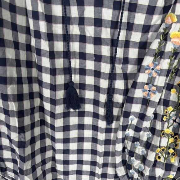 H&M Top 12 Navy‎ White Gingham Embroidered Puff Boho Cottage Maximalist Peasant - Picture 3 of 12